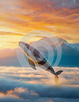 Surreal scene of a whale flying above the clouds. Beautiful sunset light through the mountain peaks. Free diving over the sky,