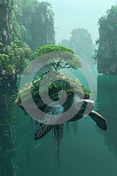 Surreal Scenery of a Sea Turtle Swimming with an Island Ecosystem on its Shell in Misty Waters