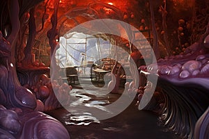 Surreal sci-fi interior of grown house. Bio technology science fiction room.