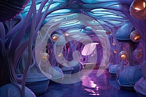 Surreal sci-fi interior of grown house. Bio technology science fiction room. Generated AI.