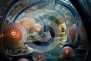 Surreal sci-fi interior of grown house. Bio technology science fiction room. Generated AI.