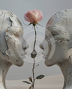 Surreal sculpture with pink flower