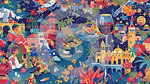 Surreal seamless pattern showcasing popular things to do in Europe during spring. Illustration.