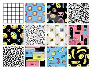 Surreal seamless patterns with emoji, arch, geometric, abstract shapes and cartoon characters in weird cartoon style.