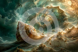 Surreal Seascape with Giant Seashell and Whirlpool Sky, Dreamlike Ocean Scene, Fantasy Artwork for Creative Background