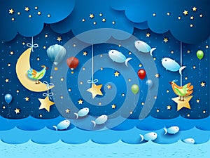 Surreal seascape by night with balloons, birds and flying fishes