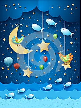 Surreal seascape by night with balloons, birds and flyingh fishes