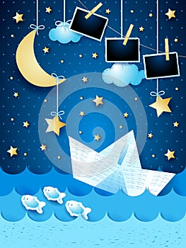 Surreal seascape with paper boat and photo frames, by night