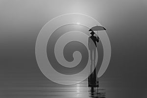 surreal silhouette of a man in a suit and hat with an umbrella standing on the water