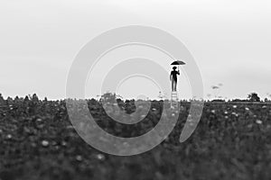 Surreal silhouette of a man in a suit with an umbrella standing on the stairs in a field