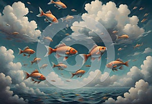 Surreal Sky, Goldfish Ascending Through Clouds, Generative AI