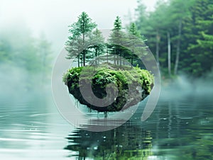 Surreal small spherical island with trees, suspended in the air above a lake