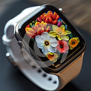 Surreal Smartwatch with Hyper-Realistic Flowers Emerging from Screen in Modern Urban Setting photo