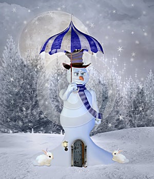 Surreal snowman with an umbrella