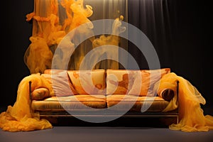 Surreal sofa with flowing yellow fabric smoke