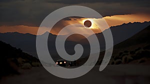 Surreal solar eclipse at sunset over mountains. Mystical eclipse illustration over a desert mountain range.