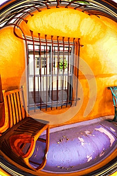 Surreal Southwestern porch distortion with purple floor