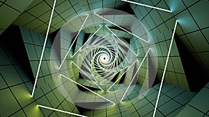 Surreal spiral tunnel with tiles. Design. Twisting tunnel with kinks and neon stripes. Twisted 3d tile in spiral tunnel