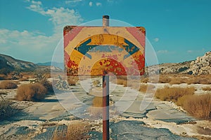 Surreal split road signpost with arrows presenting a challenging decision. Concept Surrealism,