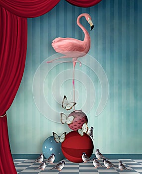 Surreal stage with a flamingo, butterflies and sparrows