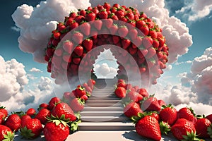 Surreal staircase made of strawberries in the sky