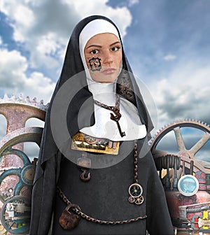 Surreal Steampunk Nun, Technology, Religion