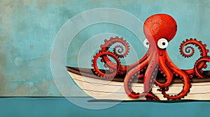 Surreal steampunk wild westthemed illustration of a boat with an octopus inside