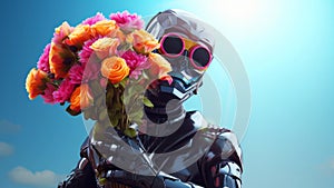 Surreal steel robot character holding bouquet of flowers on minimal blue sky background. Modern pop art illustration