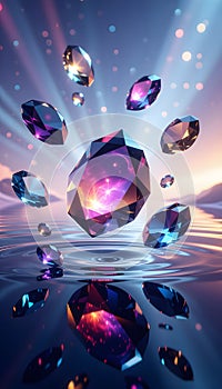 Floating Faceted Gemstones Above Water with Cinematic Light Reflections