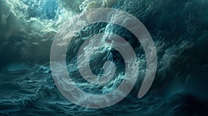 Surreal storm with a face materializing from turbulent ocean waves under a brooding sky photo
