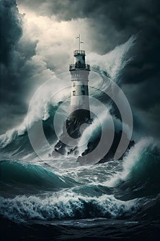 Surreal stormy ocean landscape with lighthouse. 3D Rendering