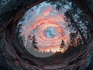 Surreal Sunset Over Pine Branch