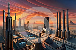 Surreal Sunset View of a Massive Factory with Generative AI