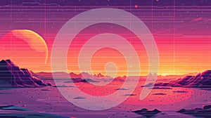 Surreal Synthwave Landscape with Neon Sunset and Retro Futurism Aesthetics