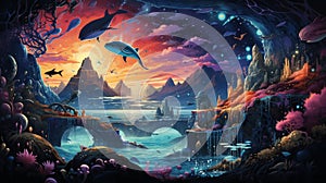 A surreal technicolor dreamscape with floating whales, upside-down mountains, and gravity-defying landscapes by AI generated
