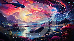 A surreal technicolor dreamscape with floating whales, upside-down mountains, and gravity-defying landscapes by AI generated