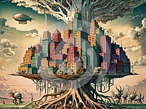 Surreal Tree-City Fantasy Landscape with Flying Airships and Mystical Environment