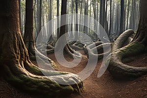 Surreal tree roots in dense and mysterious forest