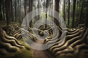 Surreal tree roots in dense and mysterious forest