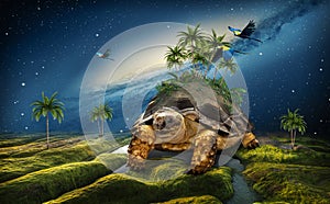 Surreal turtle with palm trees