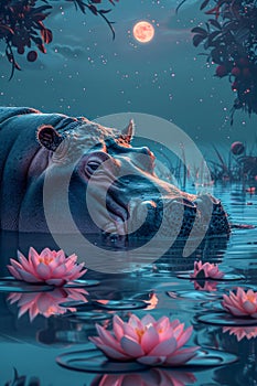 Surreal Twilight Hippopotamus Submerged in Tranquil Waters Surrounded by Blooming Lotus Flowers Under a Moonlit Sky