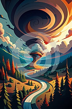 Surreal Twisting Landscape with Whirlwind Sky and Winding Road