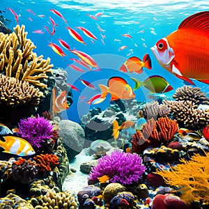 A surreal underwater coral reef teeming with exotic fish and sea life2, Generative AI