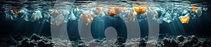 Surreal underwater scene with floating plastic bags and light beams shining through the water surface