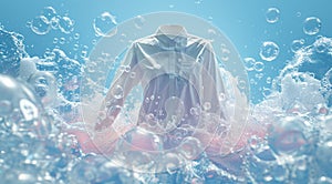 Surreal underwater scene with floating shirt among vivid air bubbles