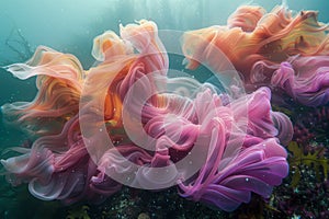 Surreal Underwater Seascape with Vibrant Orange and Pink Ink Clouds Simulating Sea Life in Crystal Clear Blue Waters