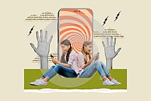 Surreal unusual template collage of two schoolkids using cell smart gadgets reading fake news on social network mind