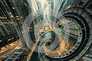 Surreal urban dreamscape: skyscrapers blend with rivers, streets twist into loops, and buildings defy gravity.