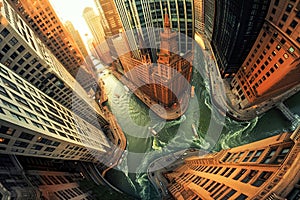 Surreal urban dreamscape: skyscrapers blend with rivers, streets twist into loops, and buildings defy gravity.