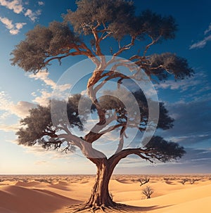 Surreal Vast Desert Landscape with a Singular Tree